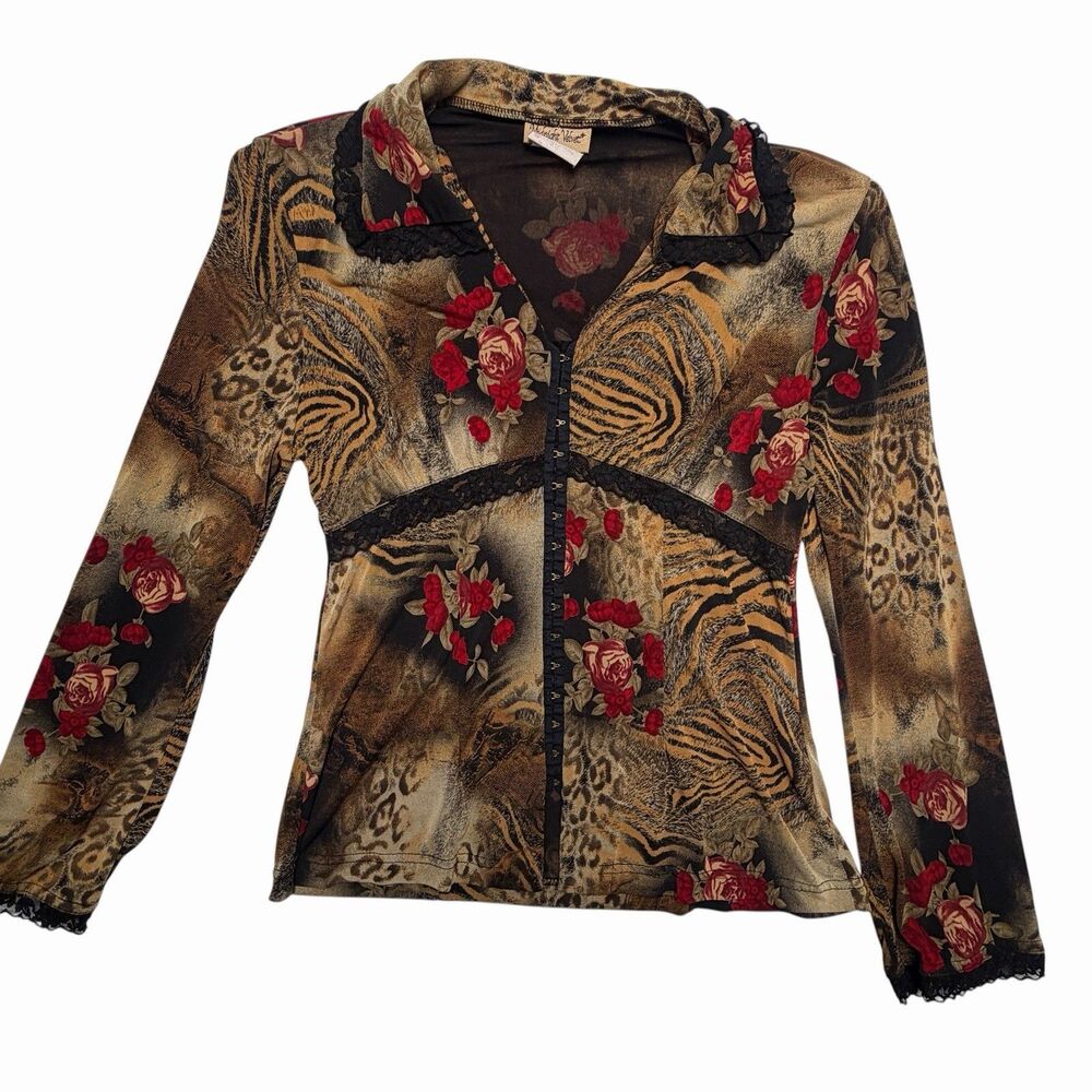 Y2K Midnight Velvet Animal Print Floral Blouse Roses Lace Trim - Picture 3 of 9